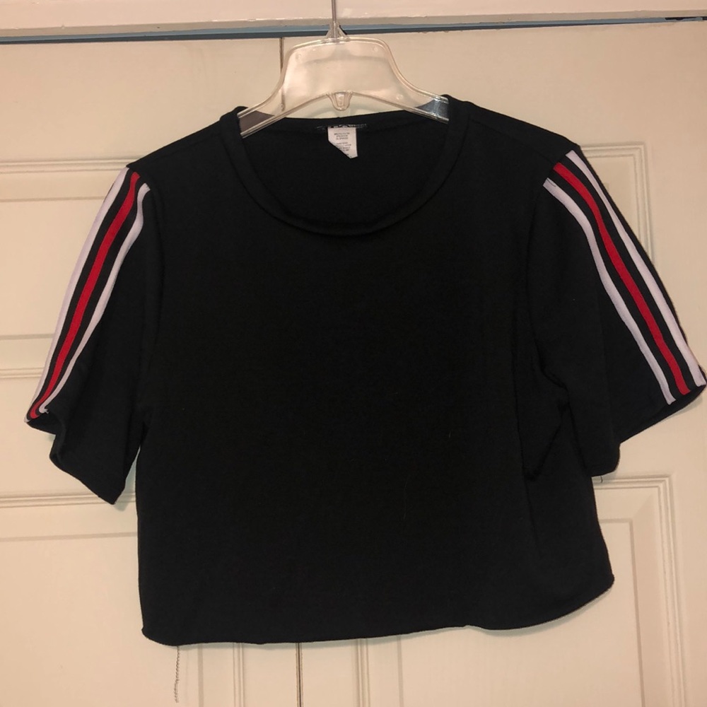 Black Crop Top with Striped Sleeves